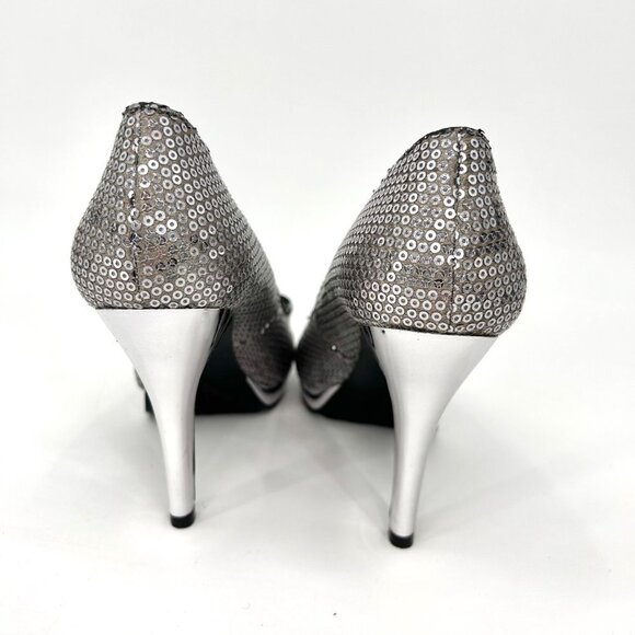 NWT NINE WEST METALLIC SILVER HEEL SEQUIN OPEN TOE HEELS - 7 - Picture 10 of 16